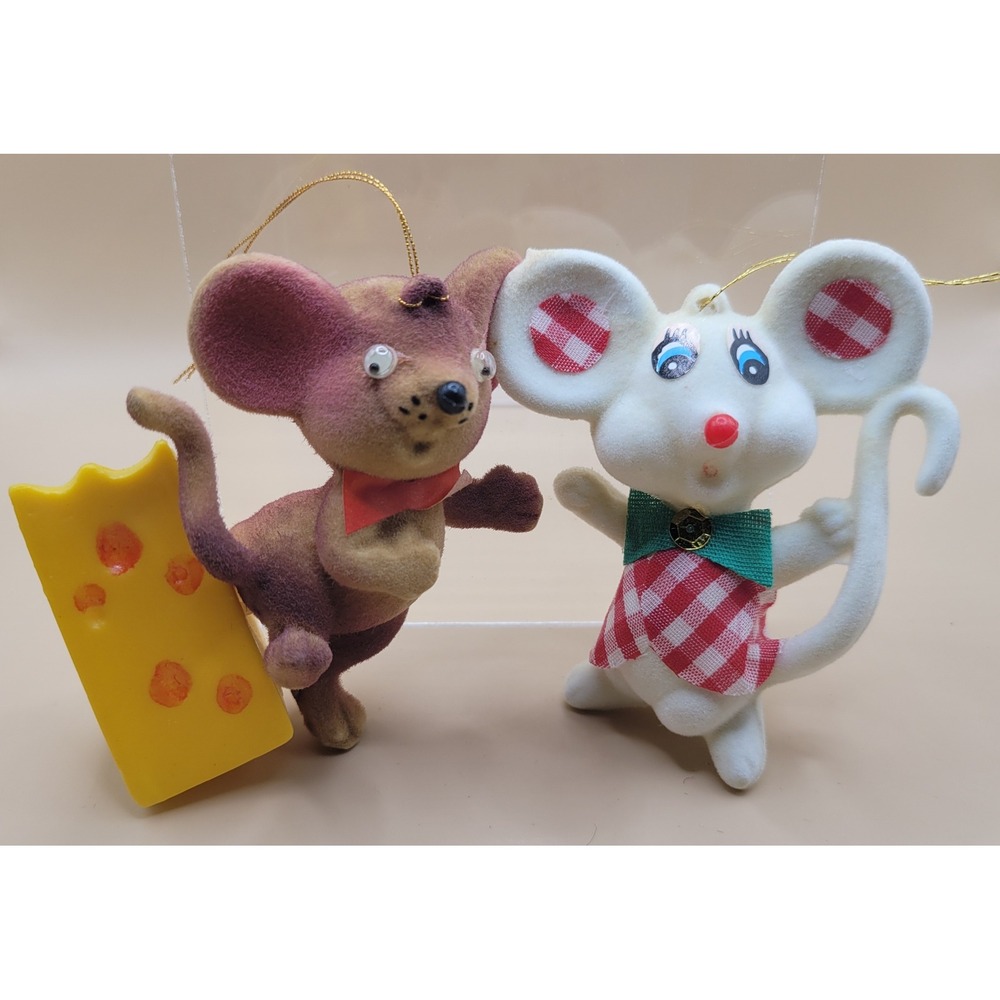 Vintage Flocked Mouse Christmas Ornaments Set Brown White Gingham Cheese Retro